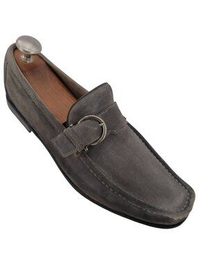 Salvatore Ferragamo Italy Gray Suede Buckle Moccasin Loafers Men 9.5D Dress Shoe